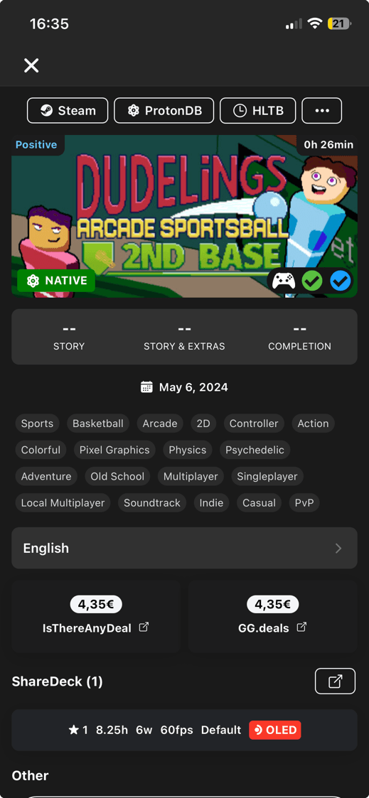 DeckFilter Discover game details screen with tags, language support, deal links, and Steam Deck settings