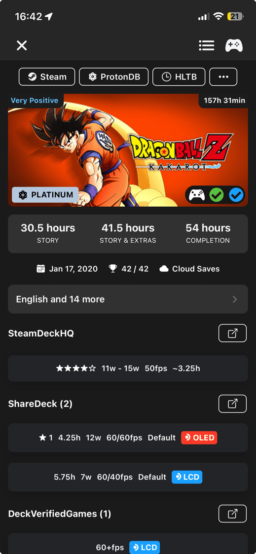 DeckFilter playlist game details screen with playtime, achievements, language support, and community settings