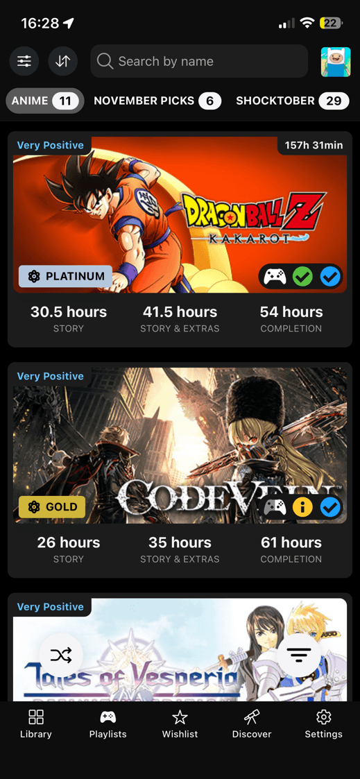 DeckFilter Playlists screen showing playlist tabs and owned game cards