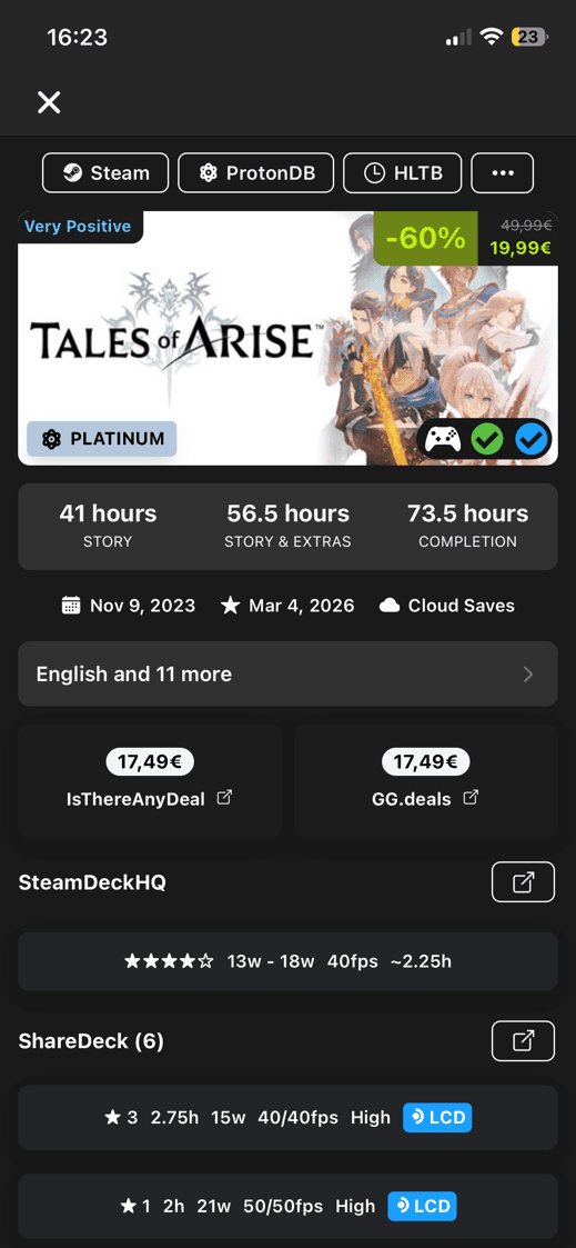 DeckFilter Wishlist game details screen with price, deal links, and community settings