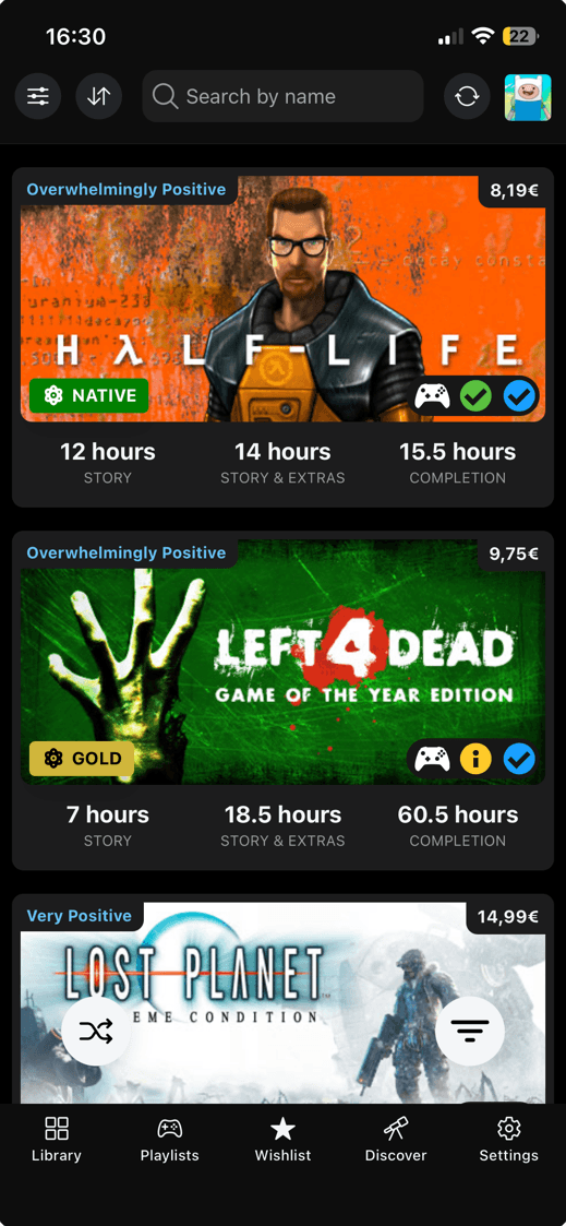 DeckFilter Wishlist screen showing game cards with prices, ProtonDB tiers, and Steam Deck compatibility icons
