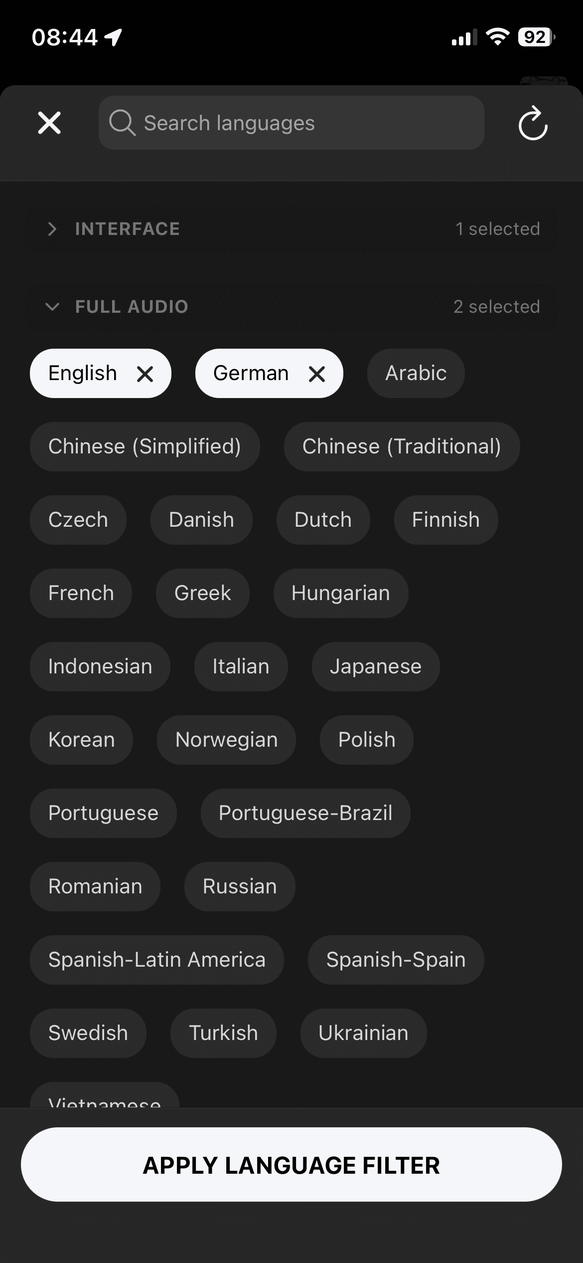 DeckFilter language filter modal with search, full audio choices, and selected languages