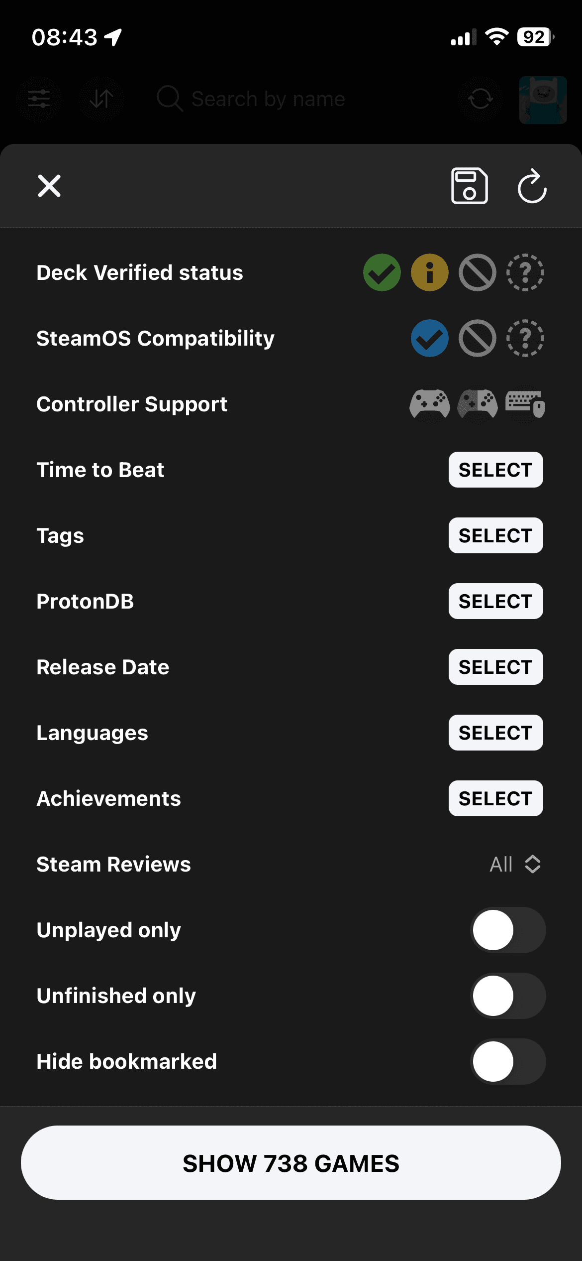 DeckFilter library filter modal with Steam Deck compatibility, language, achievement, review, playtime, and bookmark filters