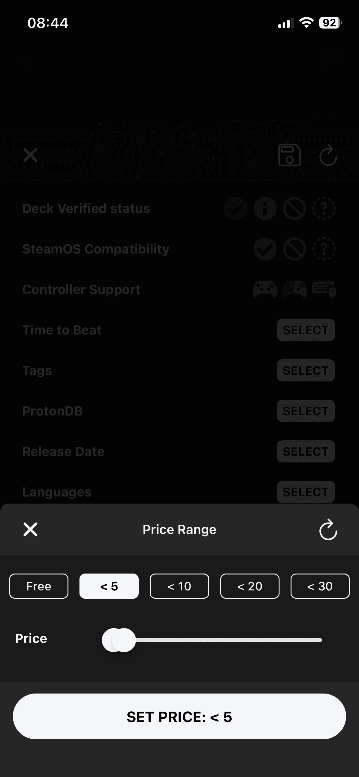 DeckFilter price range filter modal with price presets and a range slider