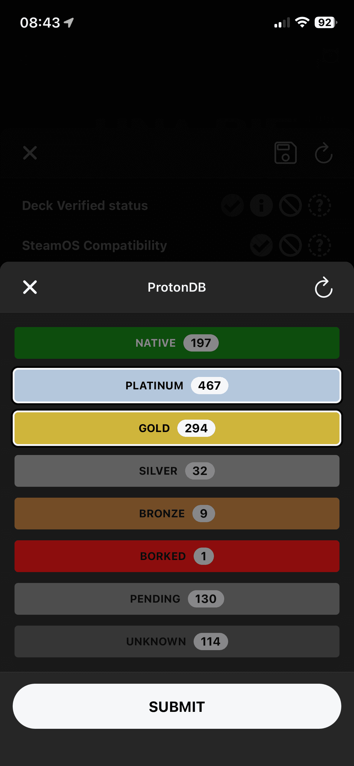 DeckFilter ProtonDB filter modal with tier choices and result counts