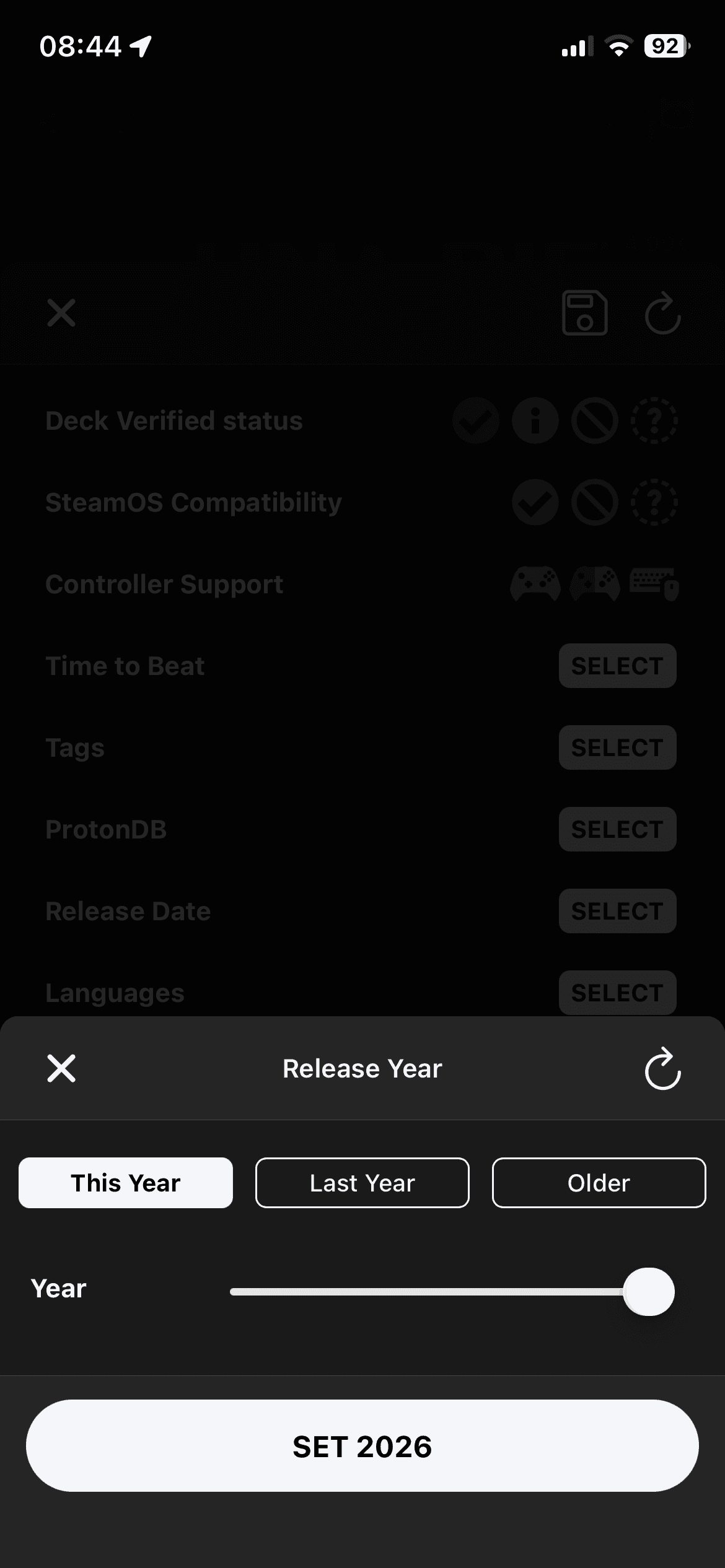 DeckFilter release year filter modal with year presets and a range slider