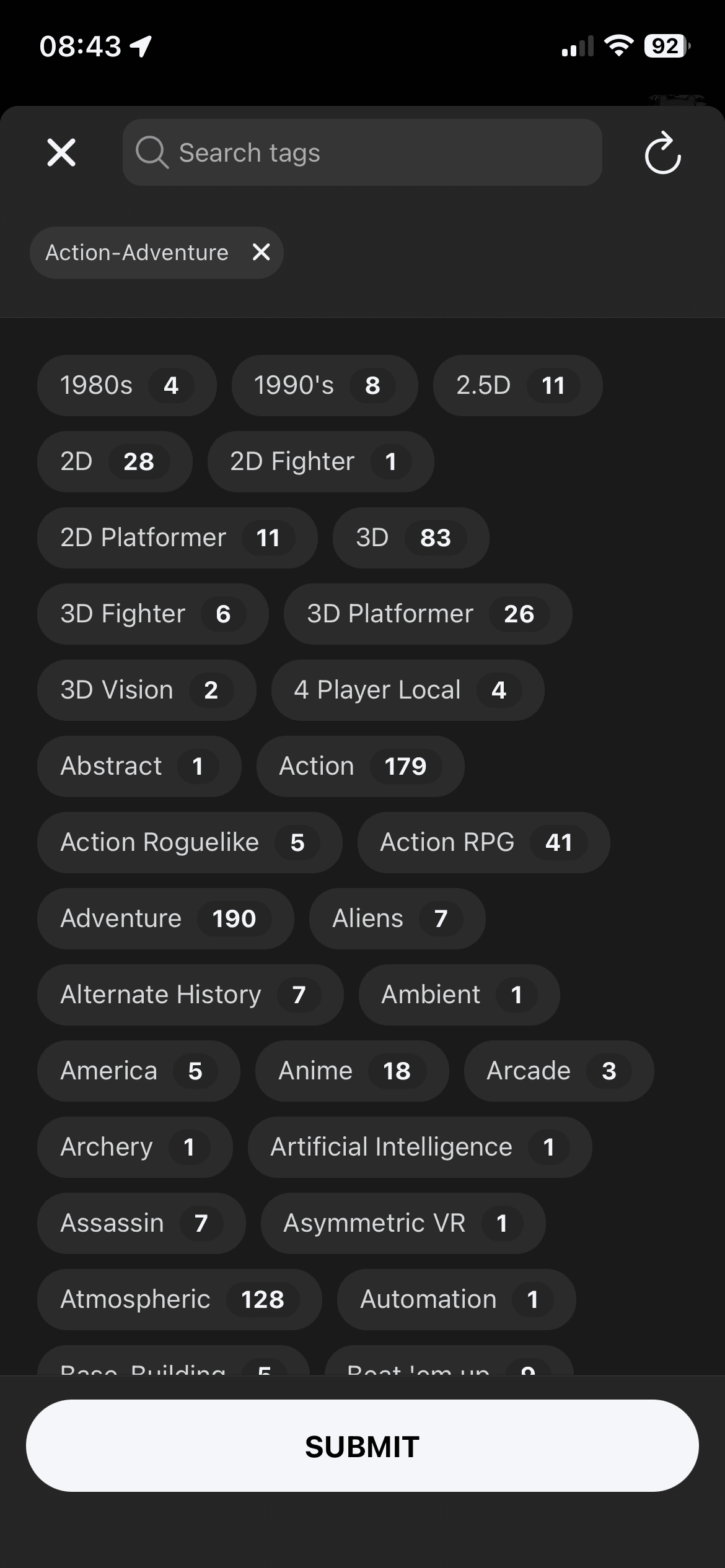 DeckFilter tag filter modal with searchable Steam tags, result counts, and a selected Action-Adventure tag