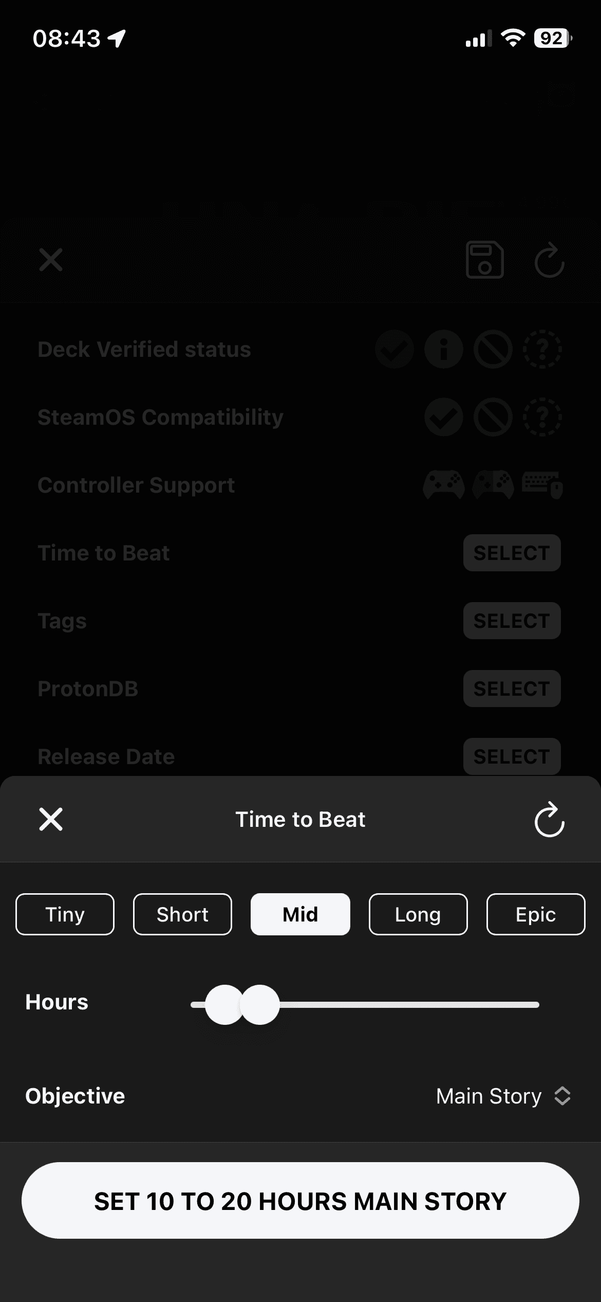 DeckFilter Time to Beat filter modal with presets, an hour range slider, and objective selection