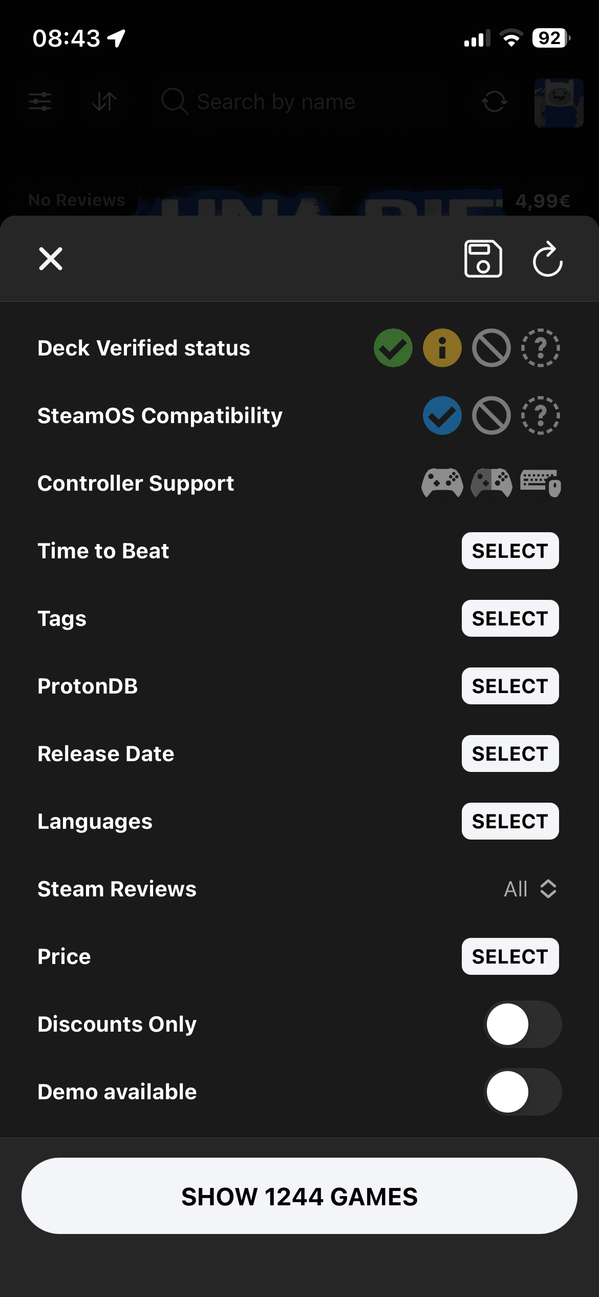 DeckFilter wishlist filter modal with price, discount, demo, release year, ProtonDB, and review filters
