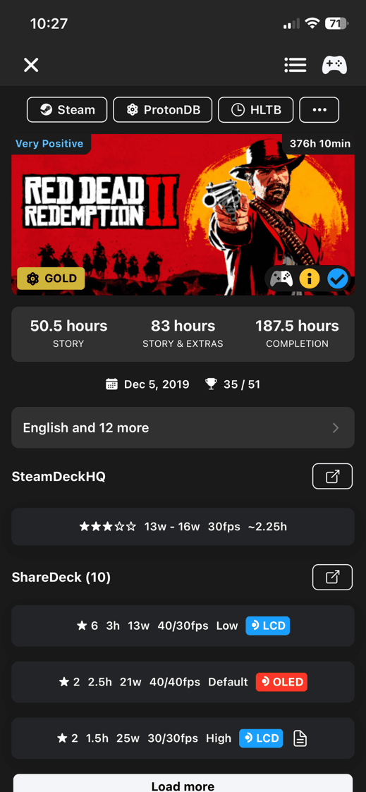DeckFilter Library game details screen with Steam Deck checks and community settings