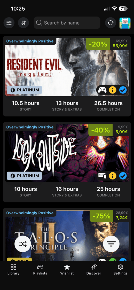 DeckFilter Wishlist screen with Steam wishlist games