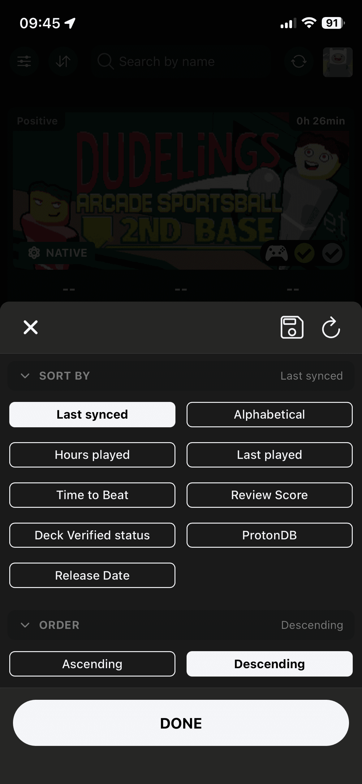 DeckFilter Library sort sheet with owned-game sorting options
