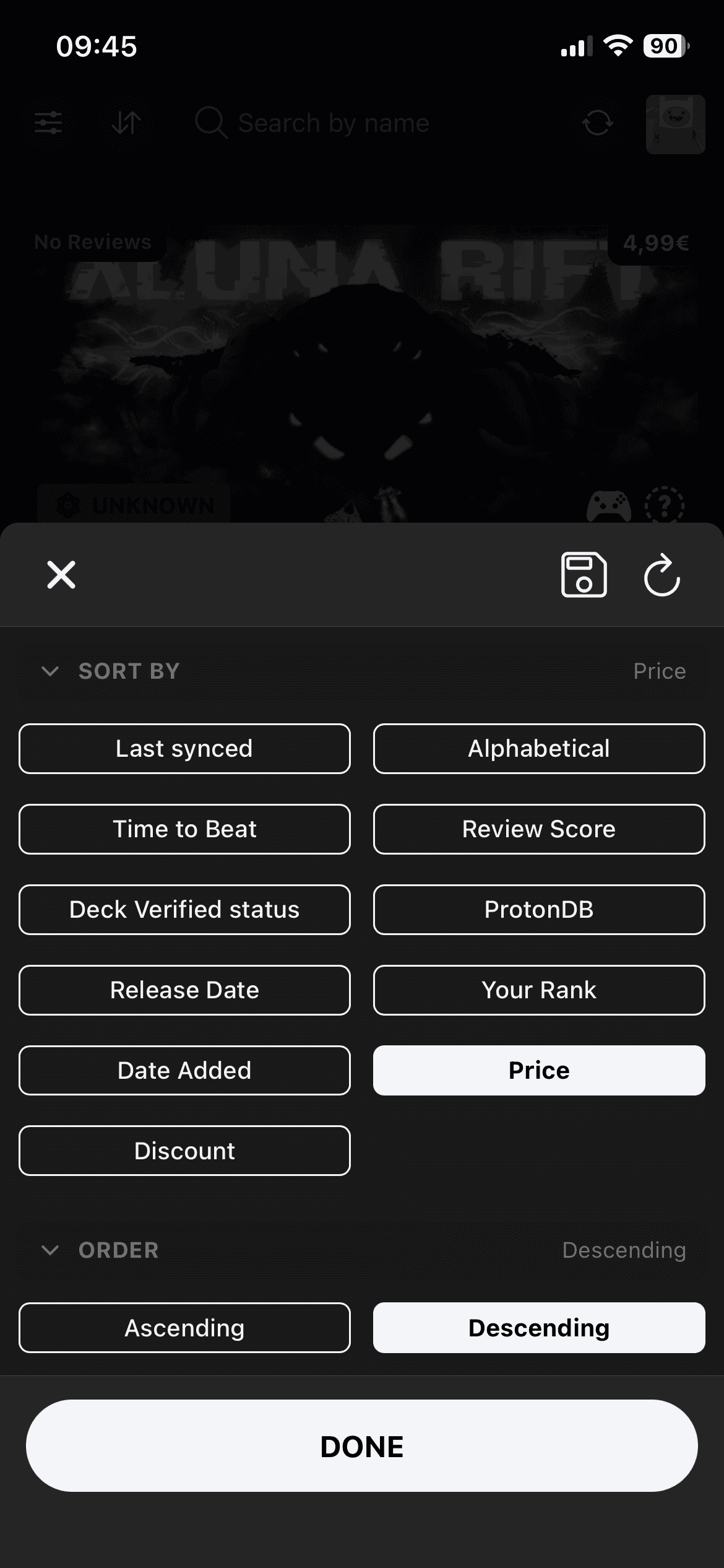 DeckFilter Wishlist sort sheet with price, rank, discount, compatibility, review, and release date options