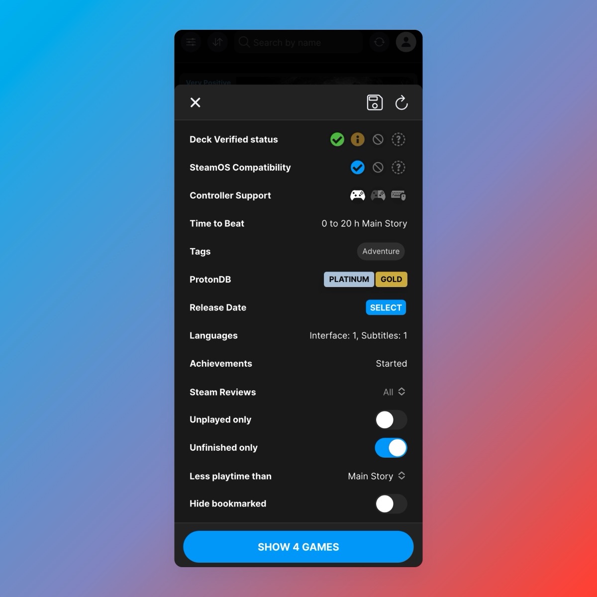 DeckFilter 1.12 public beta filter sheet showing Steam Deck backlog filters on a gradient background.