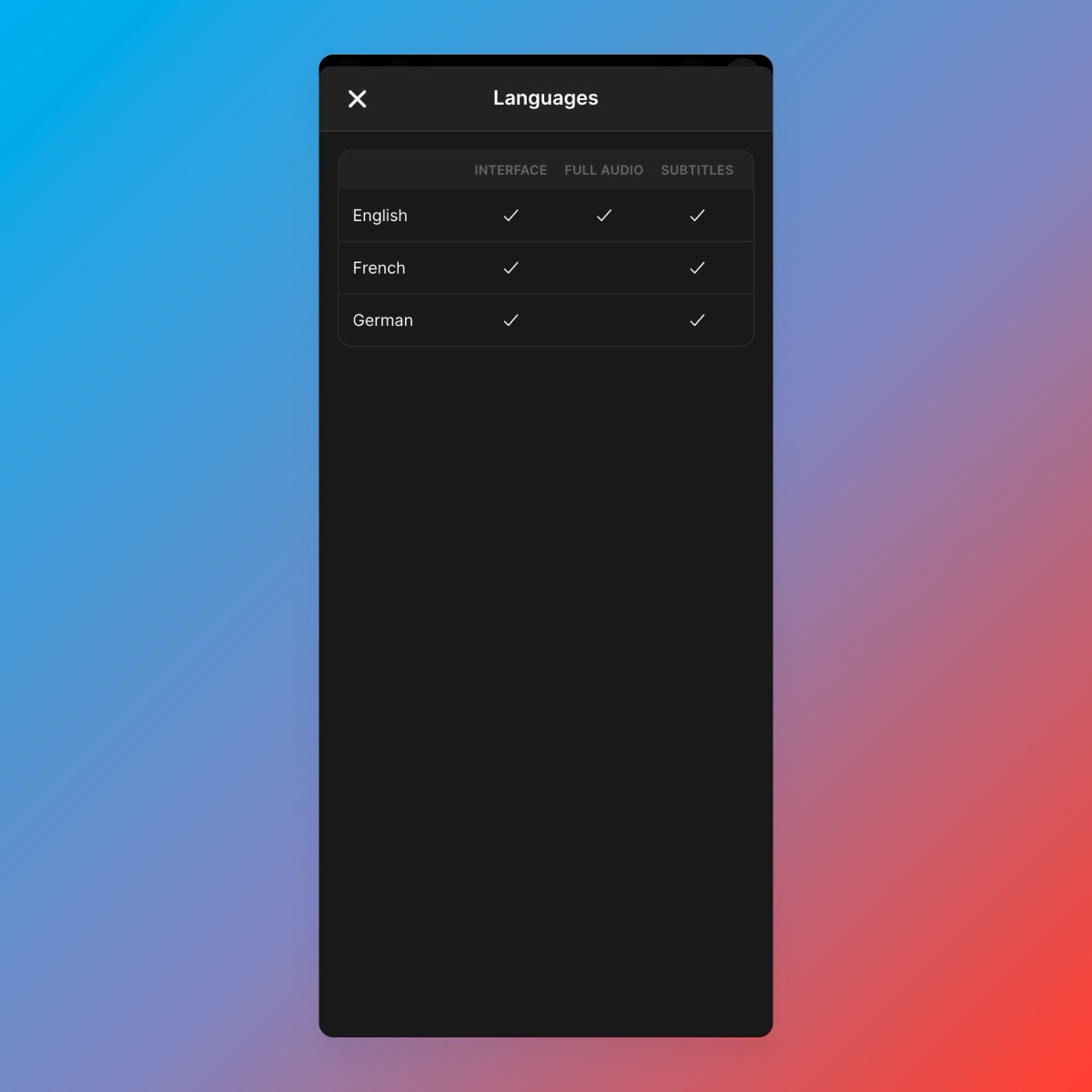 DeckFilter game language support modal showing interface, full audio, and subtitle support.