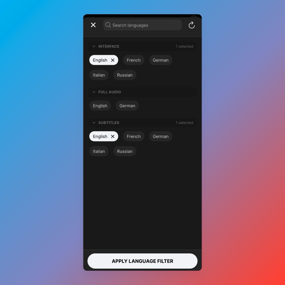 DeckFilter 1.12 public beta language filter modal showing interface, full audio, and subtitle language filters.