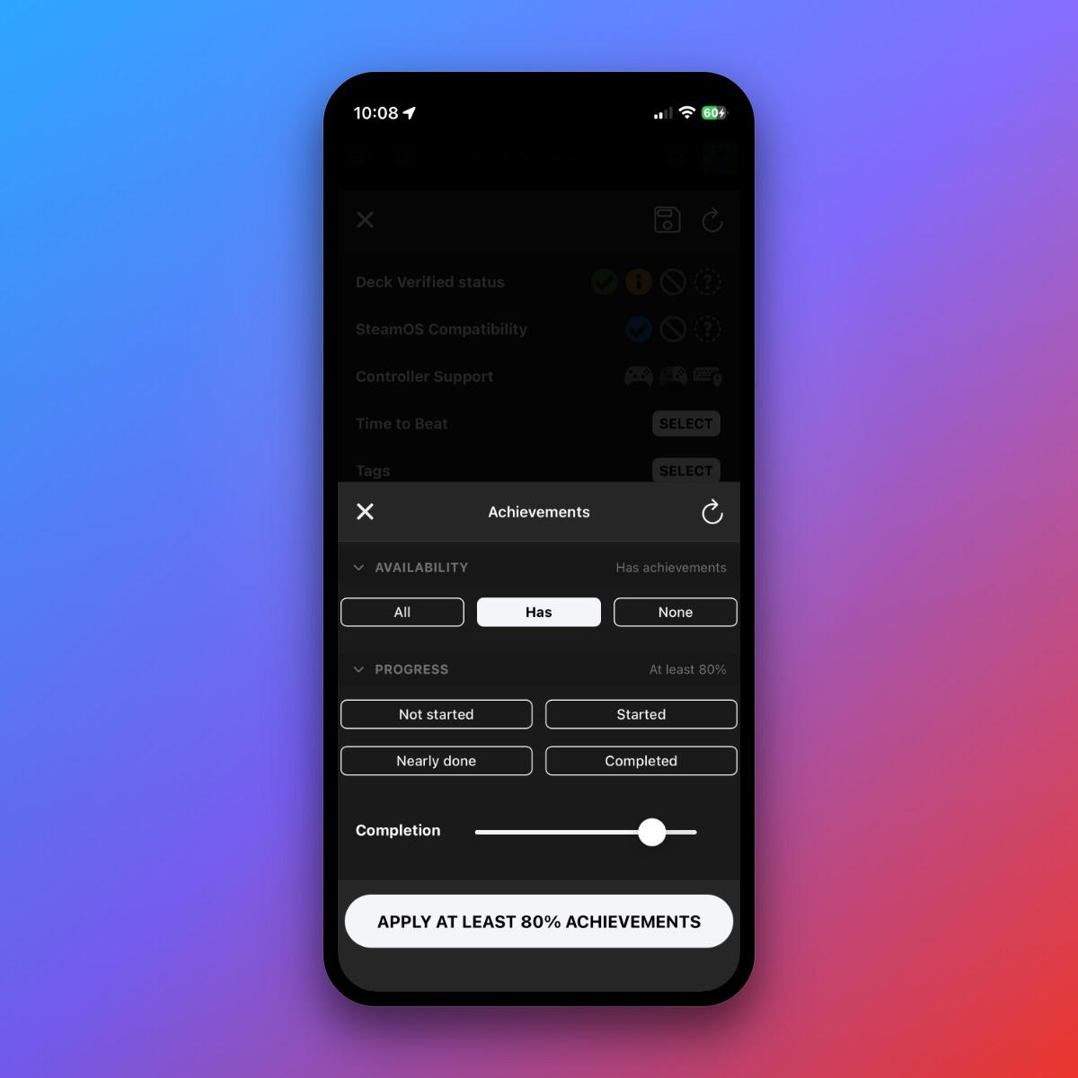 DeckFilter achievements filter modal with availability and completion progress controls.