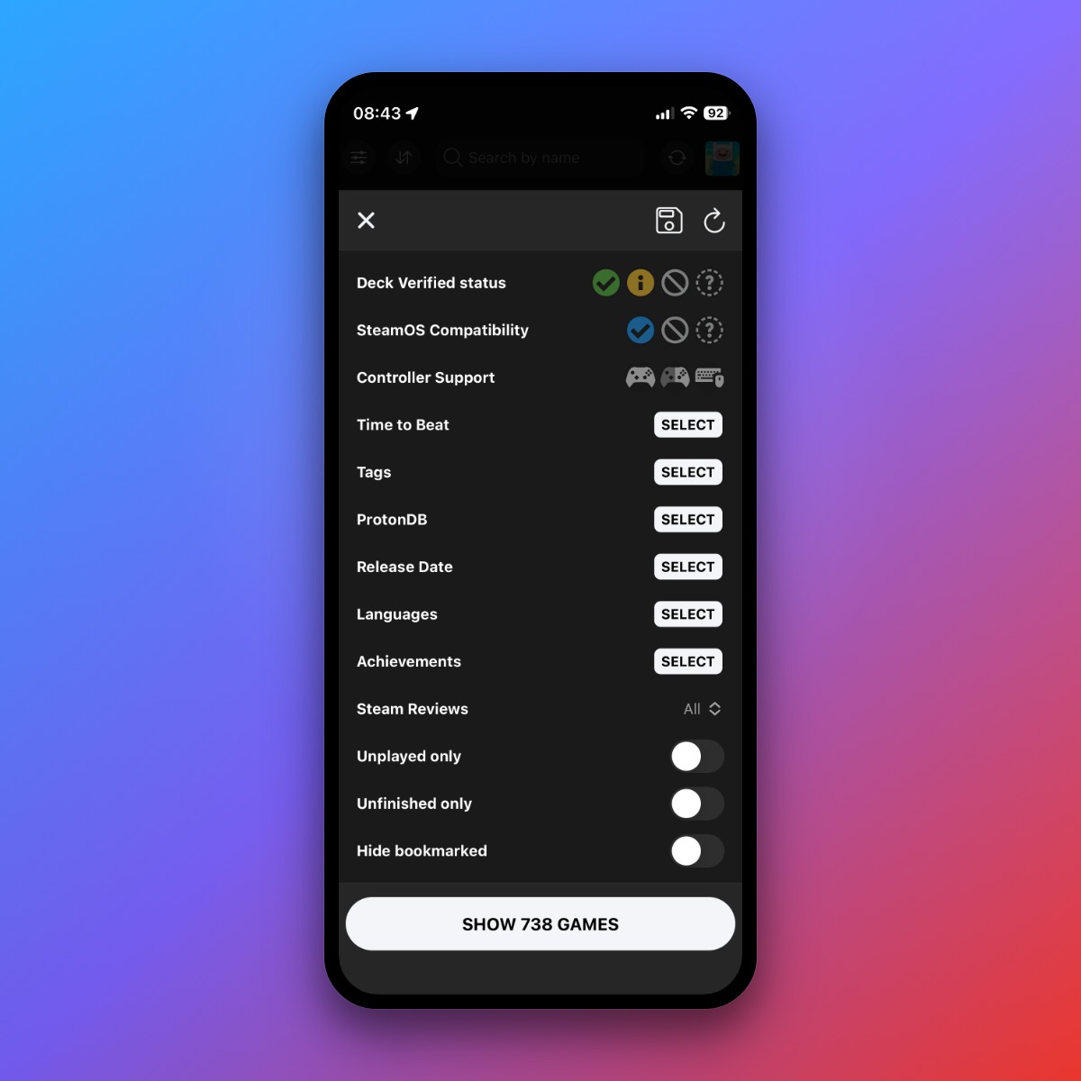 DeckFilter v1.12 filter sheet with Steam Deck, SteamOS compatibility, controller support for games, language, and achievement filters.