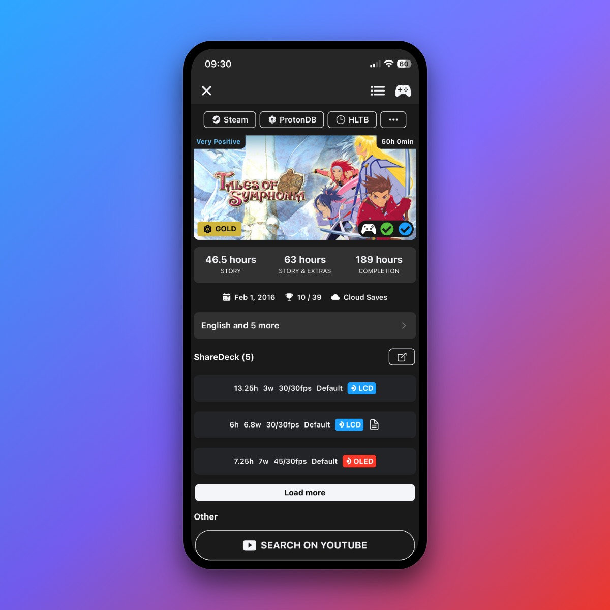 DeckFilter game details sheet with Steam Deck Verified compatibility status, SteamOS compatibility, controller support, release date, achievement progress, Cloud Saves support, and language support.