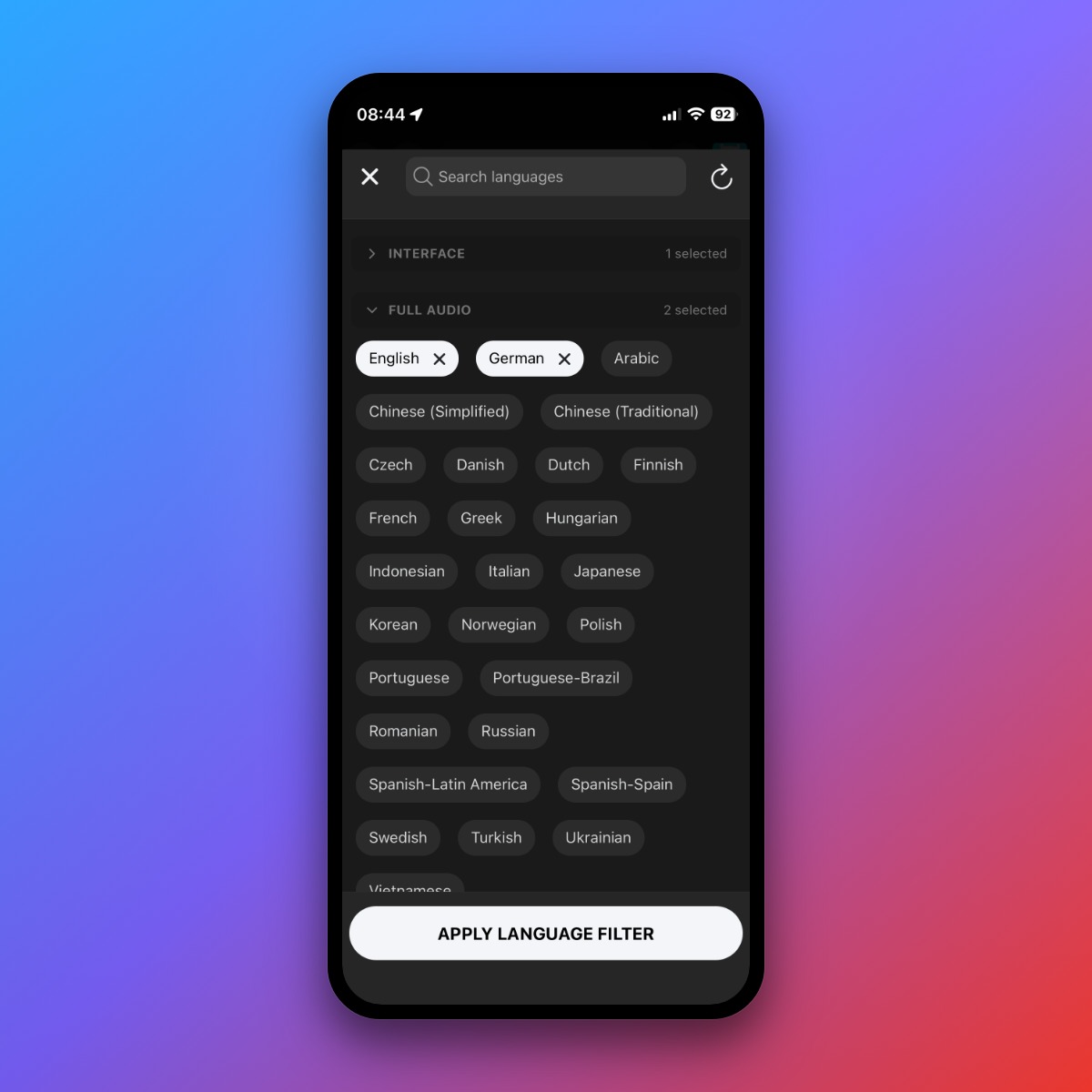 DeckFilter language filter modal with interface, full audio, and subtitle language options.