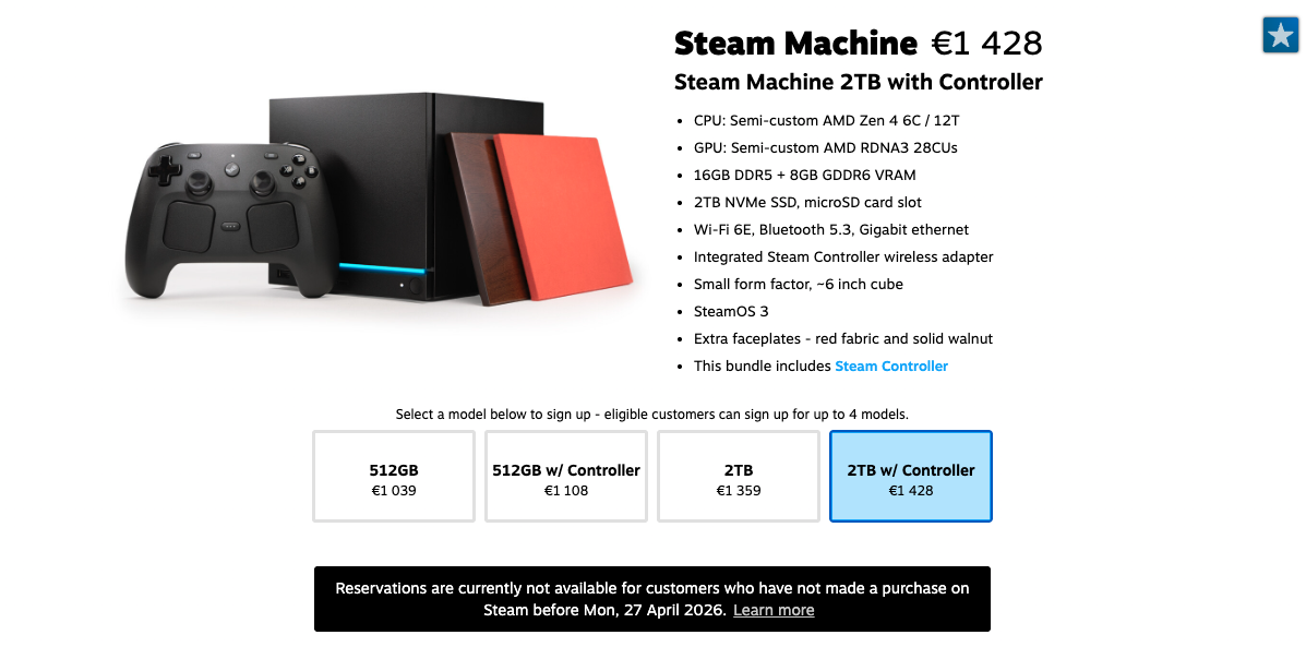 Steam Machine 2TB with Controller reservation option showing the 1,428 EUR price, hardware specs, and extra faceplates