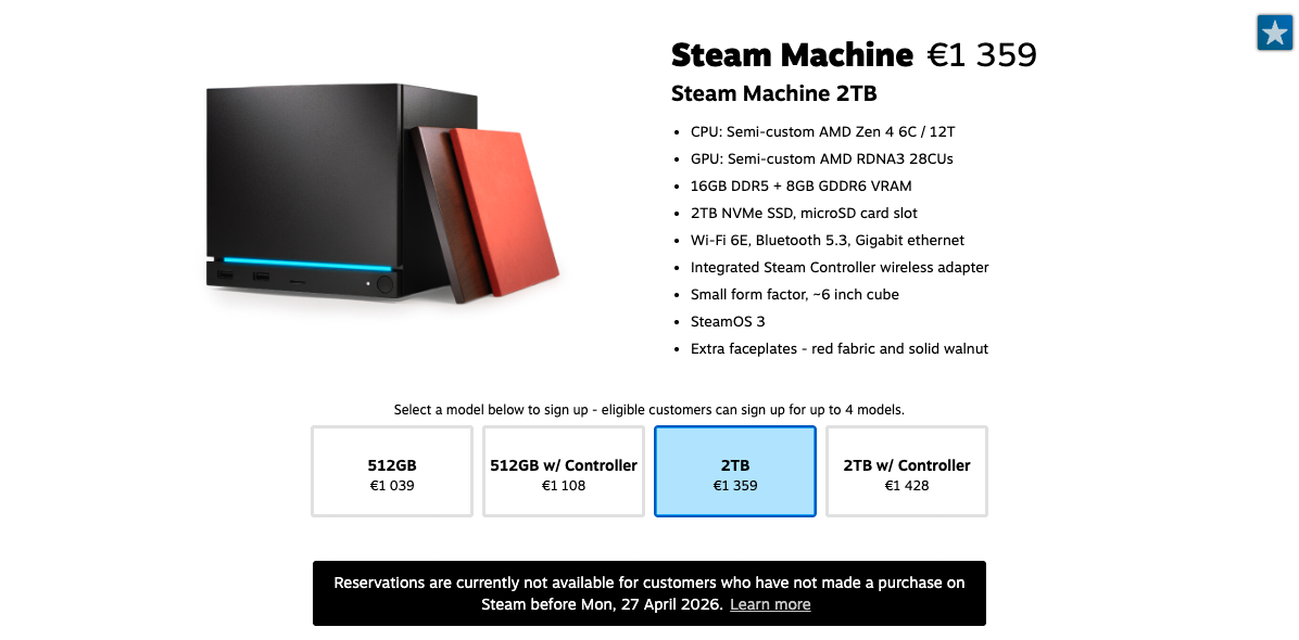 Steam Machine 2TB reservation option showing the 1,359 EUR price, hardware specs, and extra faceplates
