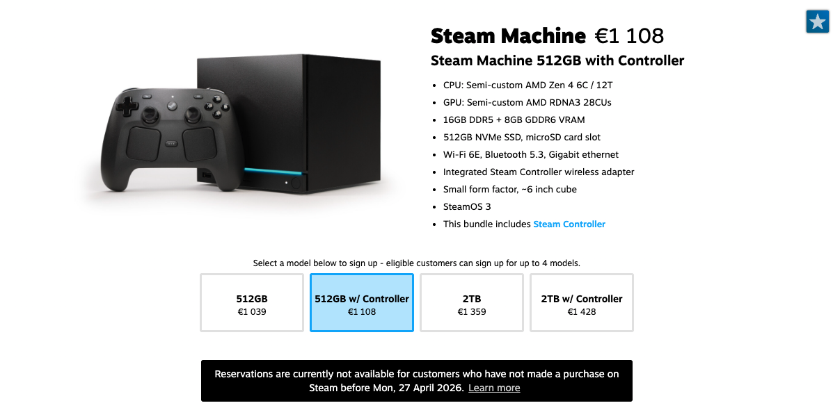 Steam Machine 512GB with Controller reservation option showing the 1,108 EUR price and hardware specs