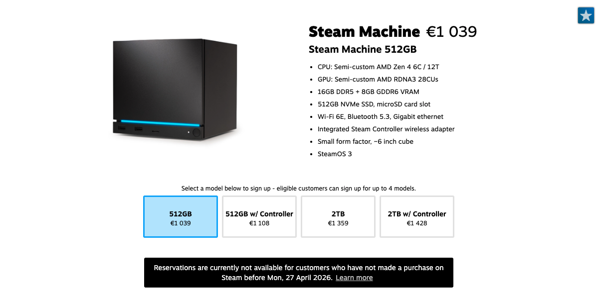 Steam Machine 512GB reservation option showing the 1,039 EUR price and hardware specs