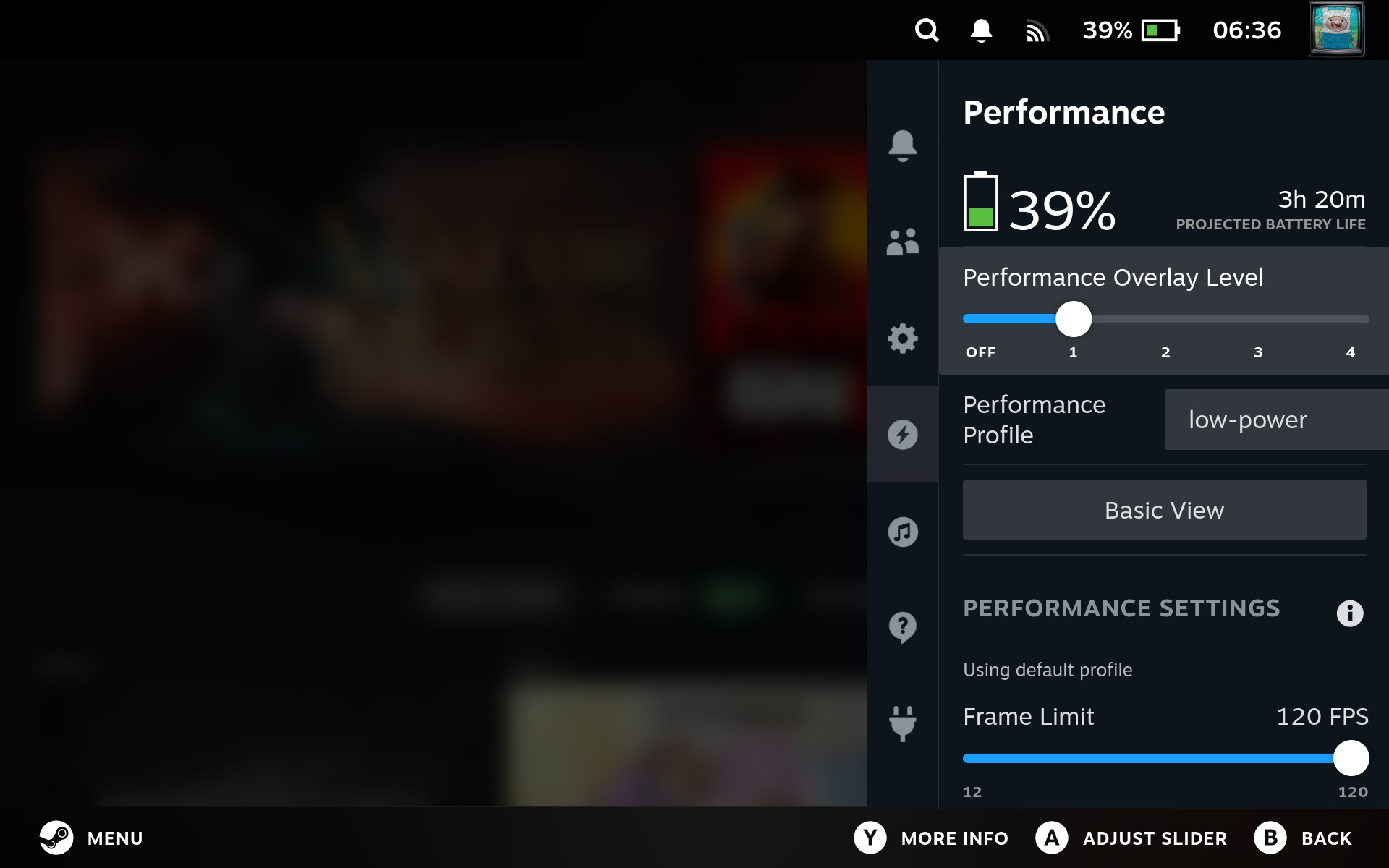 SteamOS quick access performance menu with the performance profile selector visible on a third-party handheld
