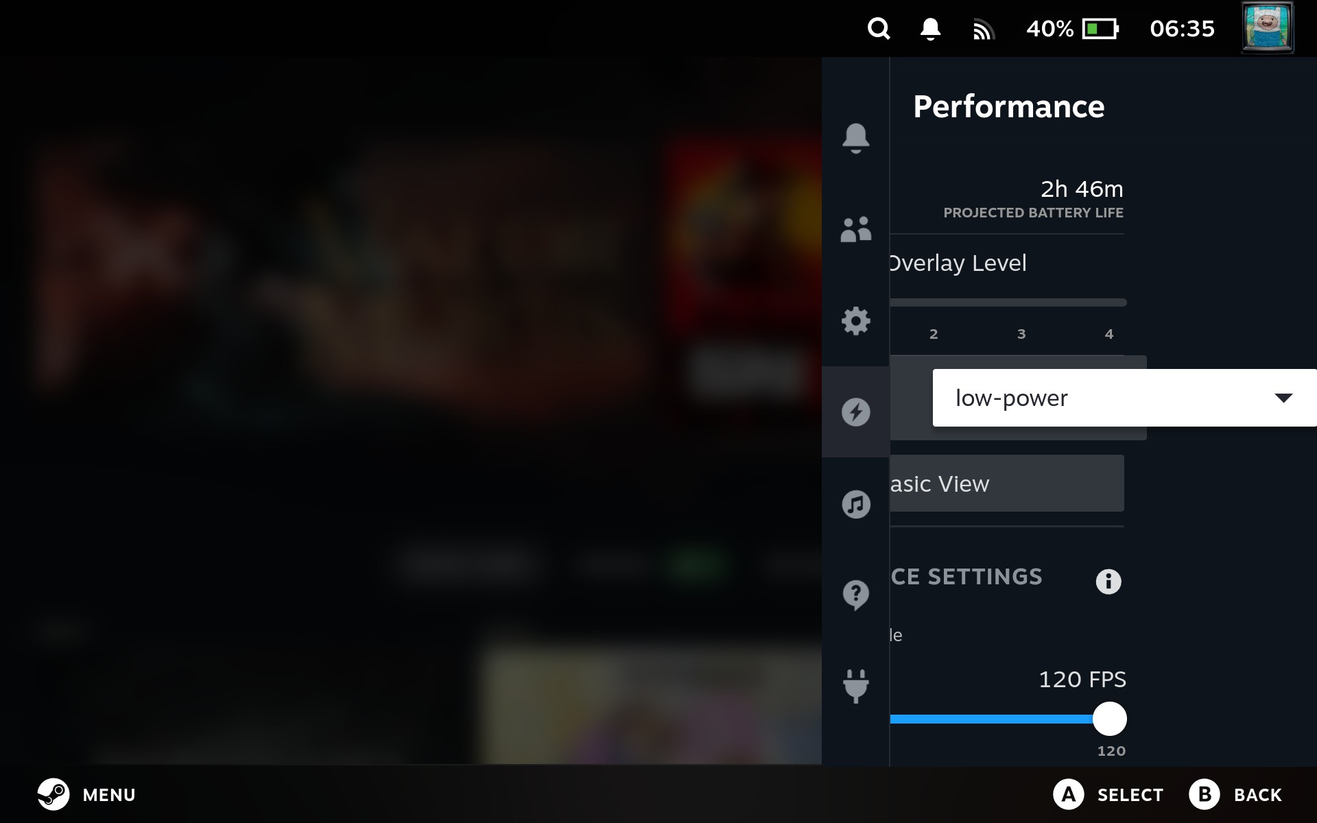 SteamOS quick access performance menu with the performance profile section selected and misaligned on a third-party handheld