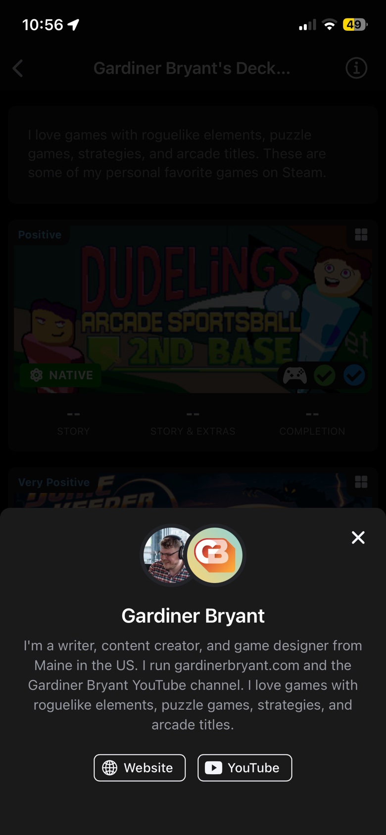DeckFilter creator profile sheet with profile image, bio, and creator link buttons.