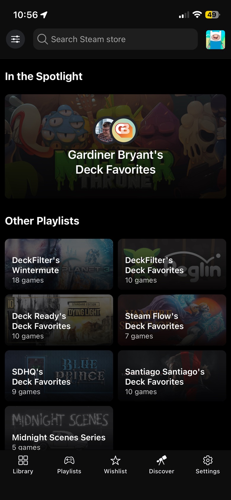 DeckFilter Discover screen showing creator recommendations.
