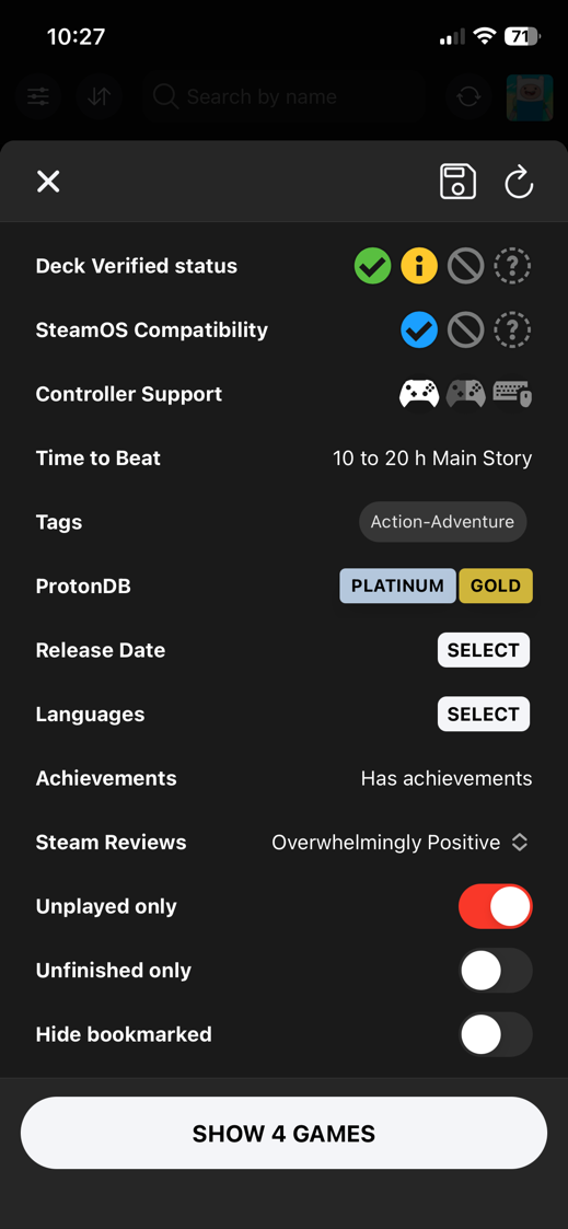 DeckFilter advanced filters screen