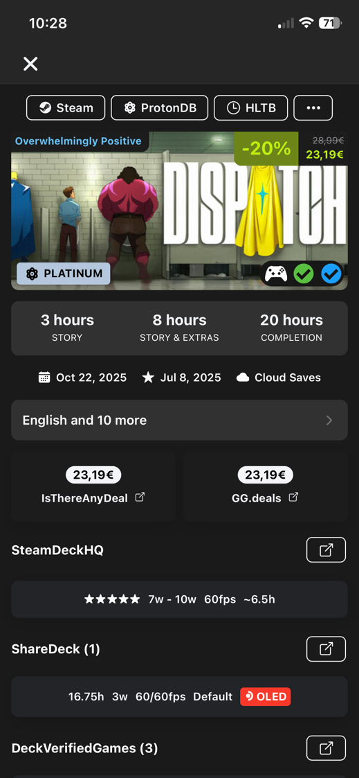 DeckFilter game settings overview screen