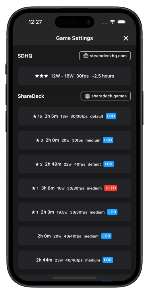 DeckFilter game settings overview screen